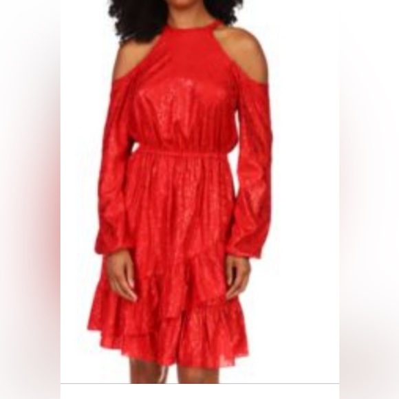 Michael Michael Kors Red Dress Long Sleeve/Cold Shoulder Flounce Hem EUC SZ LRG - Picture 1 of 11